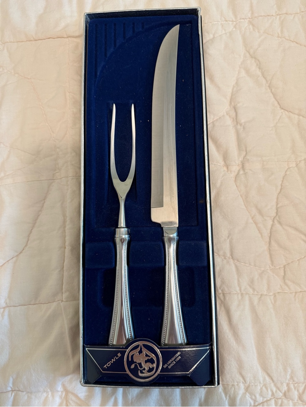 Towle Silver Stainless Carving Knife and Fork Set with Blue Box
